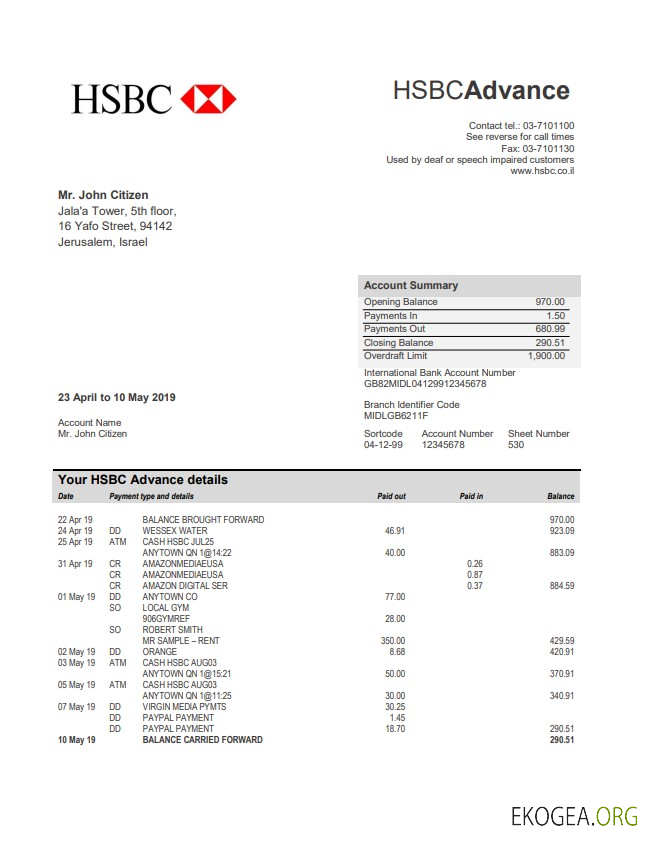 Relevé de la banque HSBC en Israël